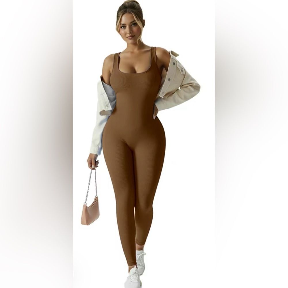 Brown Ribbed Jumpsuit size large NEW